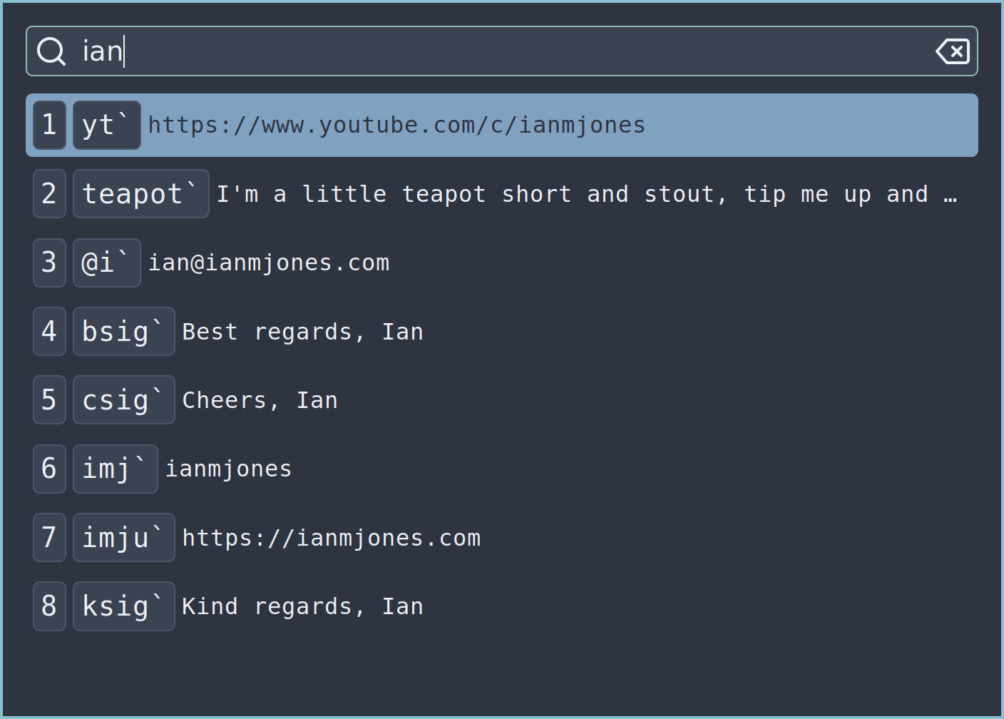Screenshot of Snippet Expander's Search & Paste window